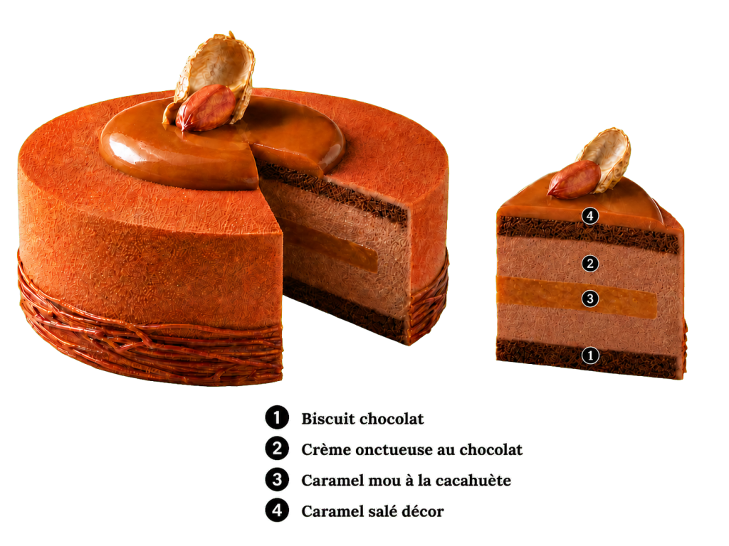 Entremets fondant cacahuètes caramel chocolat